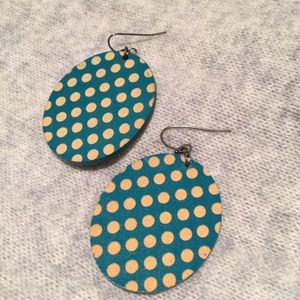 Wooden teal polka dot earrings